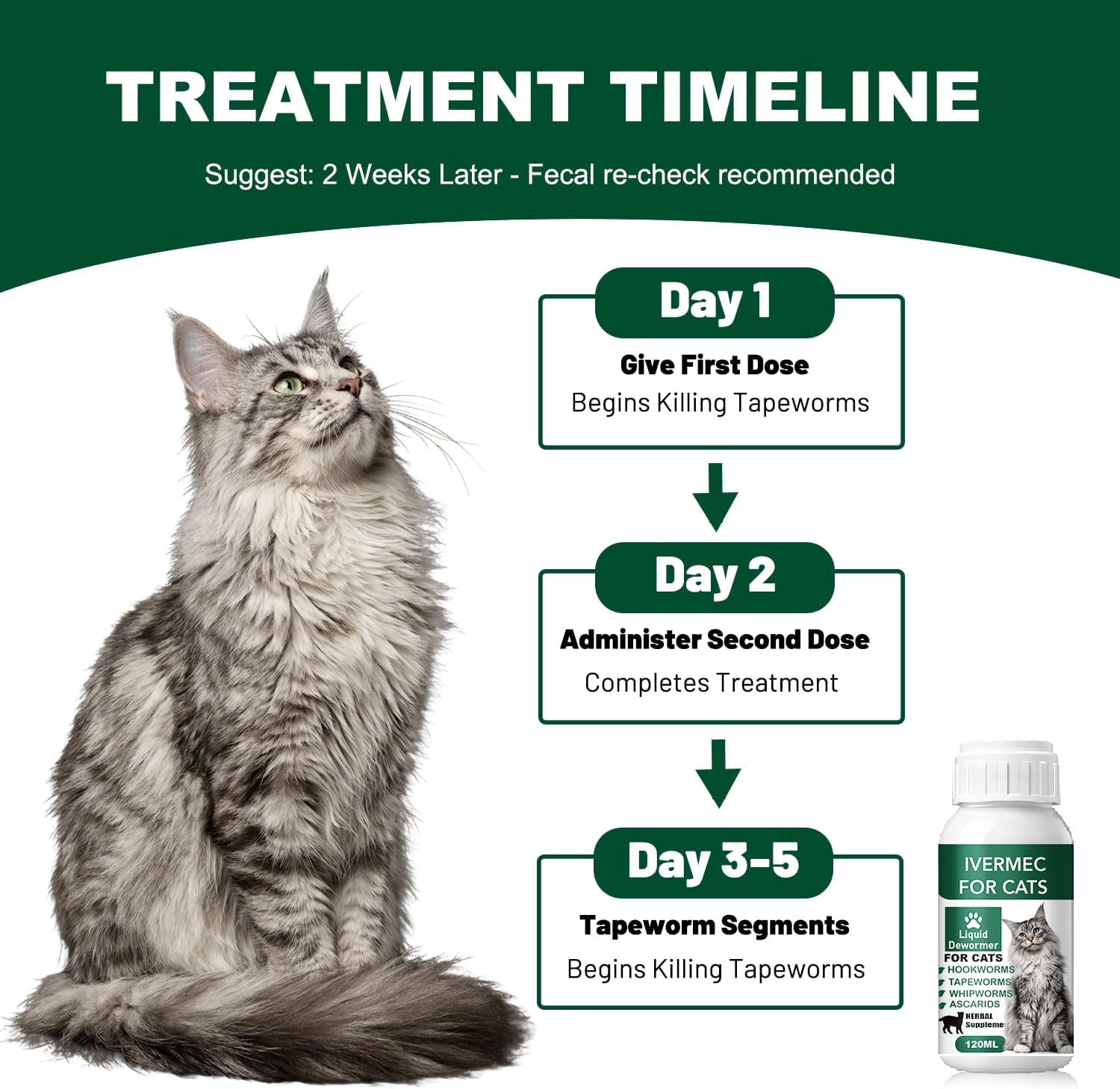 Cat Dewormer Liquid Broad Spectrum Tapeworm Roundworm Hookworm 120ml