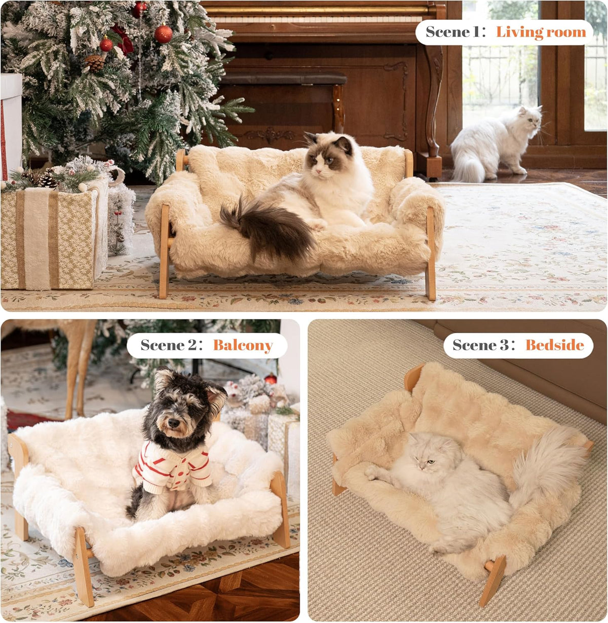 this is offered in 3 different colors. title: CHEERHOME PETS Elevated Cat Couch Bed for Indoor Cats, Wooden Cat Sofa with Removable Washable Fluffy Cover Raised Kitty Lounge Chair Suitable for Puppy(Cat Sofa Off-White) description: 