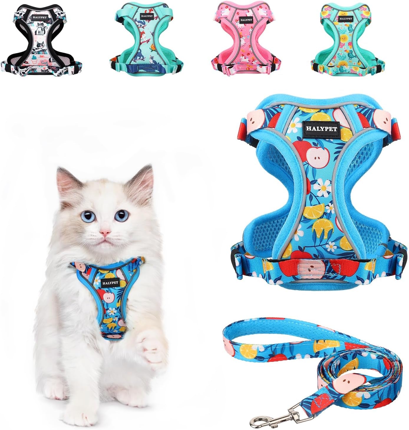 Cat Harness and Leash Set Escape Proof Reflective Adjustable Vest H603 Pro Azure Floral X-Small (4-6Lb)