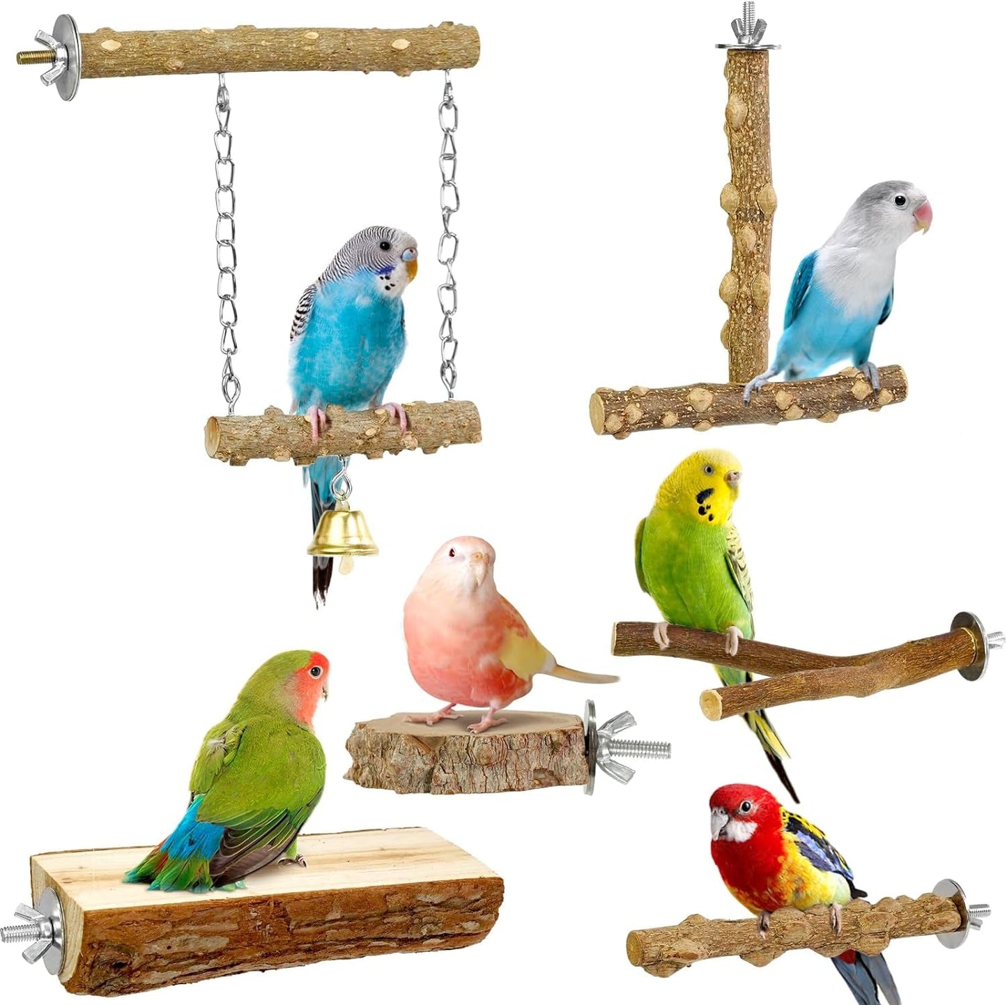 6pcs Natural Wood Bird Perches Parrot Cage Branch Stand Platform Set Small Birds Pattern-3