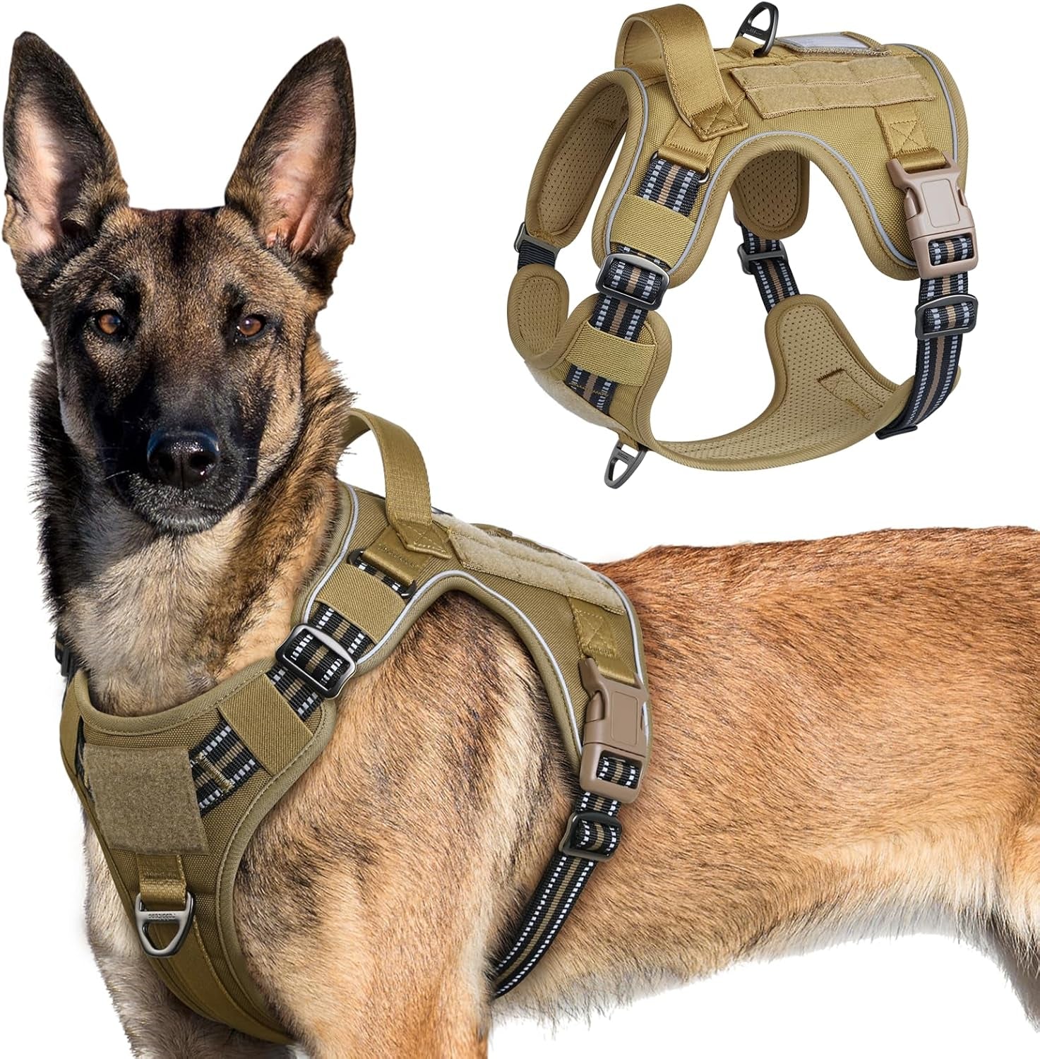 No Pull Tactical Dog Harness Molle Vest Adjustable Medium Large Dogs Brown X-Large