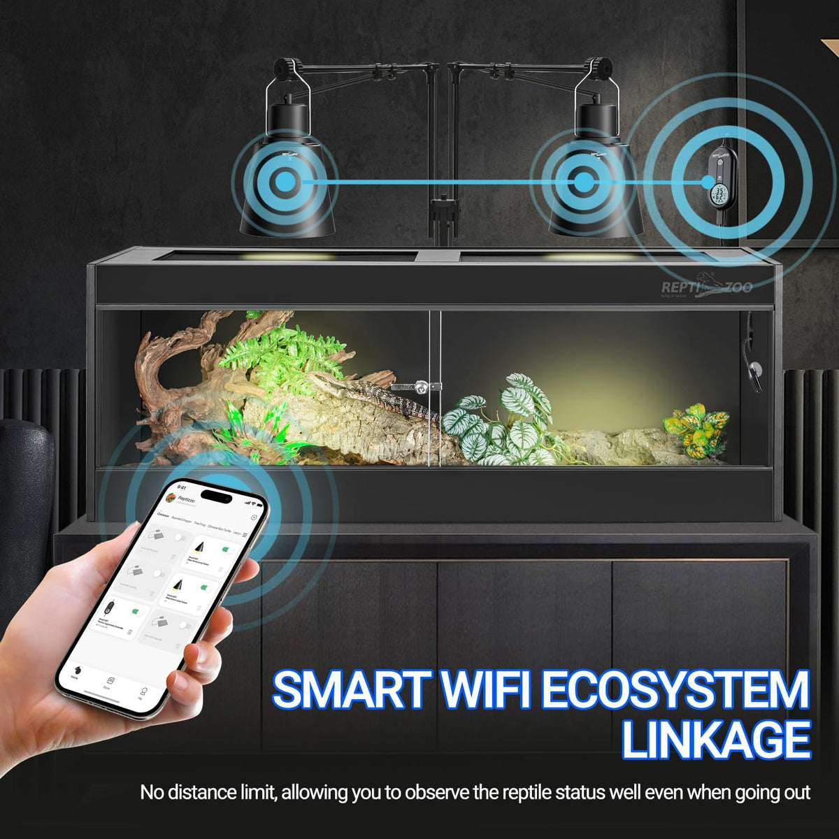 Reptile terrarium deep dome lamp and WiFi temperature humidity controller