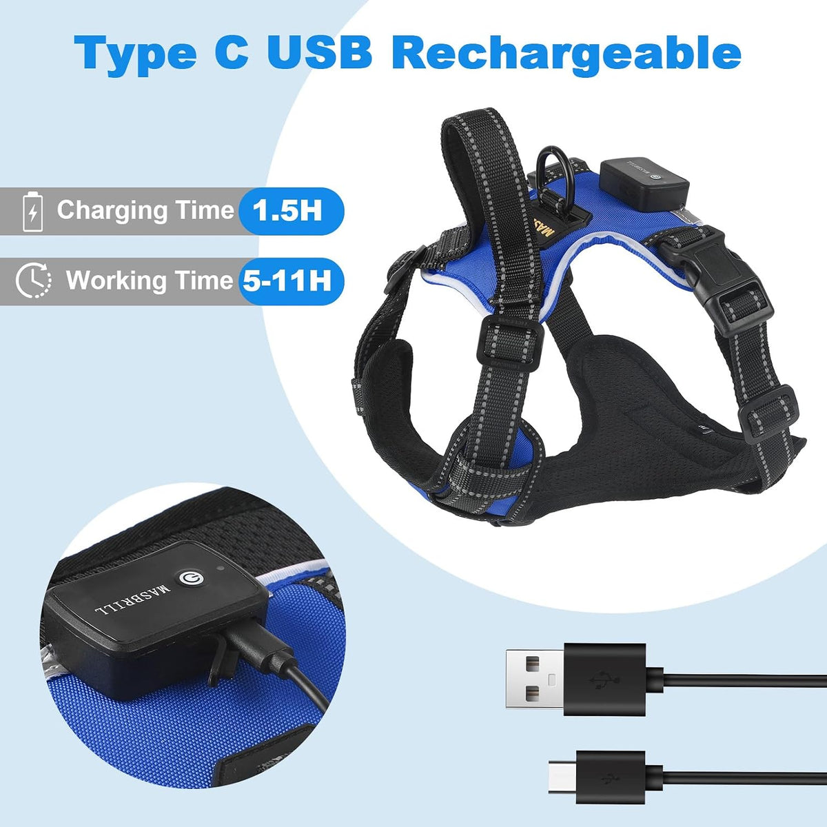 LED No-Pull Dog Harness – Rechargeable, S–XL, 6 Colors