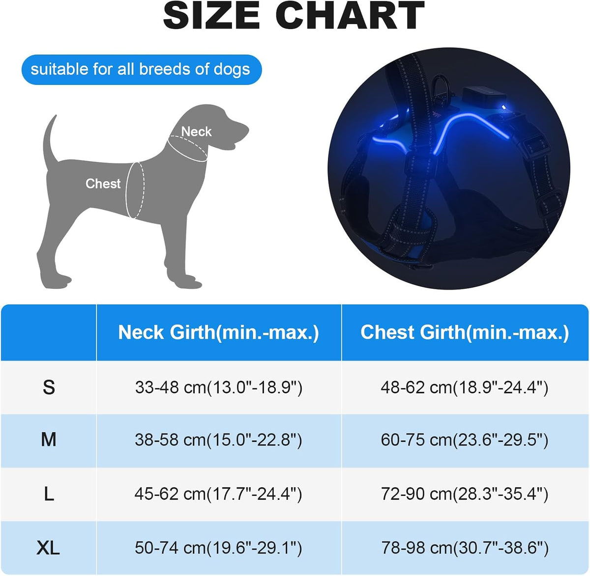 LED No-Pull Dog Harness – Rechargeable, S–XL, 6 Colors