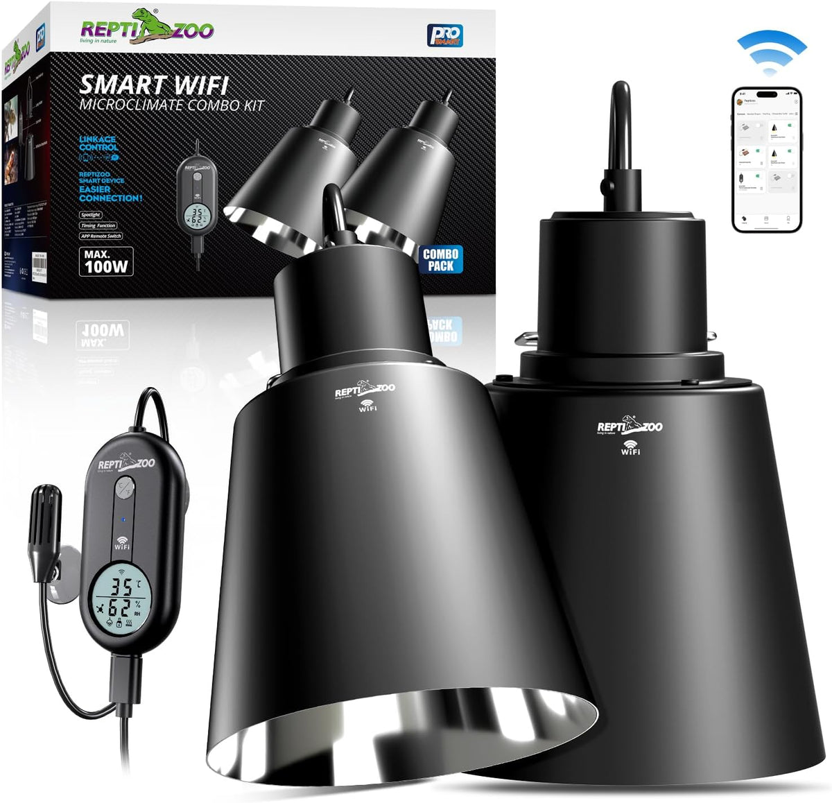 Reptile deep dome lamp with WiFi thermostat and hygrostat controller for terrariums