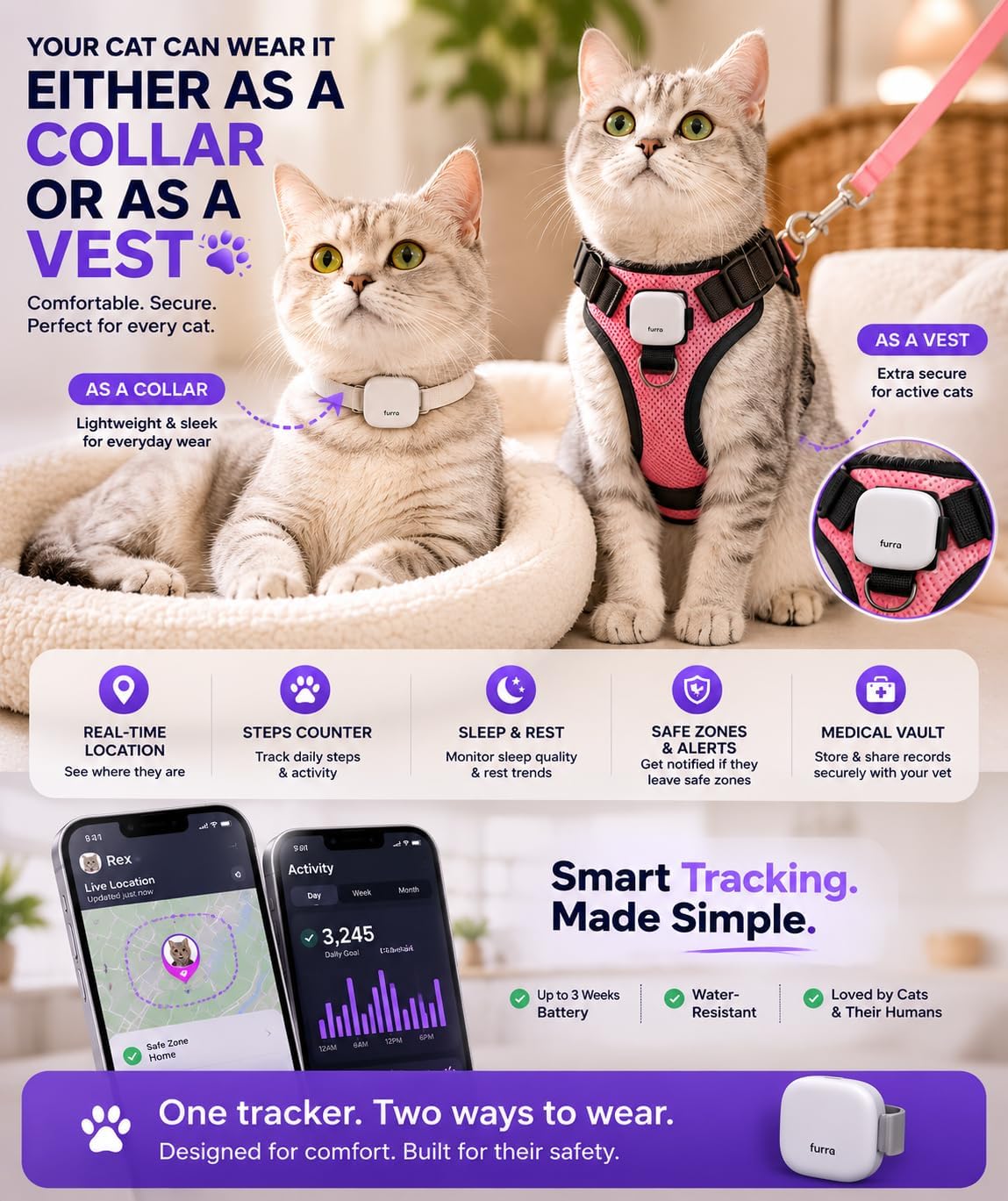 Premium Smart GPS Pet Tracker – Escape Alerts, Black or White