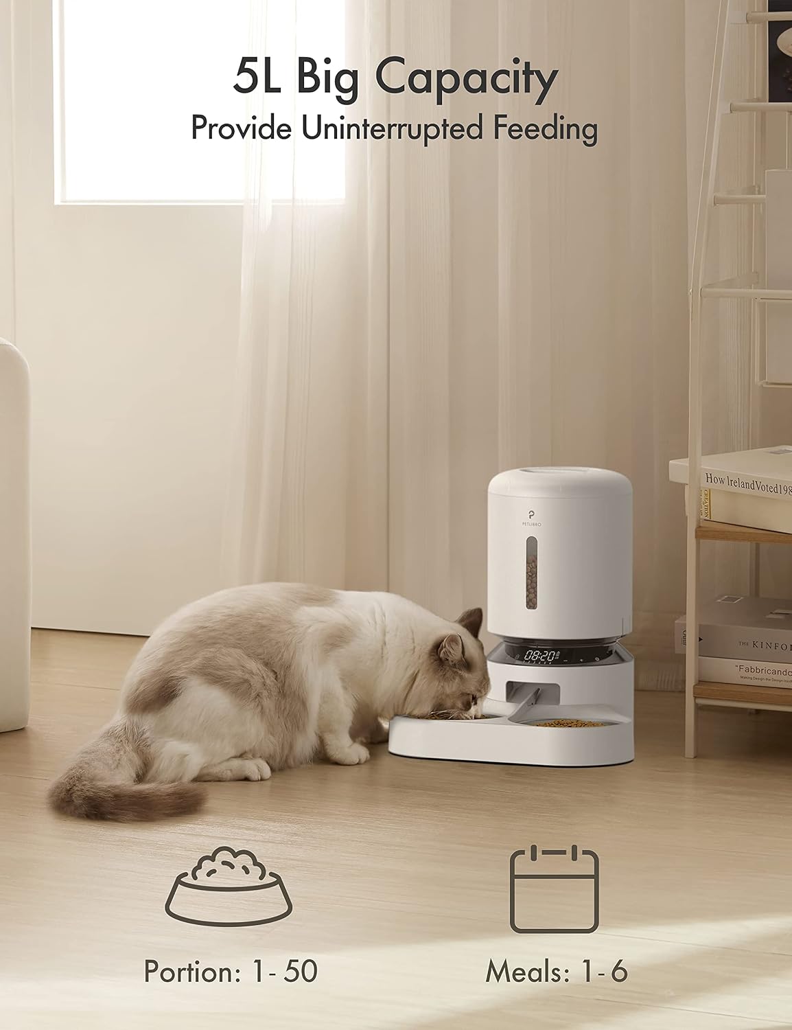 Automatic Cat Feeder with Timer, 6 Meals/Day, Freshness Lock & Low Food Sensor. Smart Dry Food Dispenser for Cats & Dogs