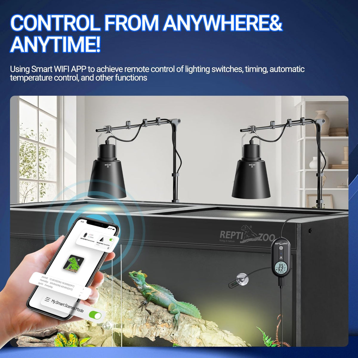WiFi smart reptile deep dome lamp with thermostat and hygrostat control unit