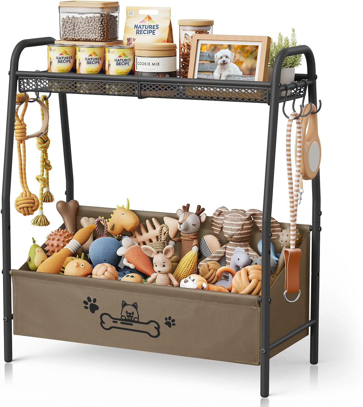 Large Dog Toy Storage Organizer with Shelf & 6 Hooks – Black, White or Brown