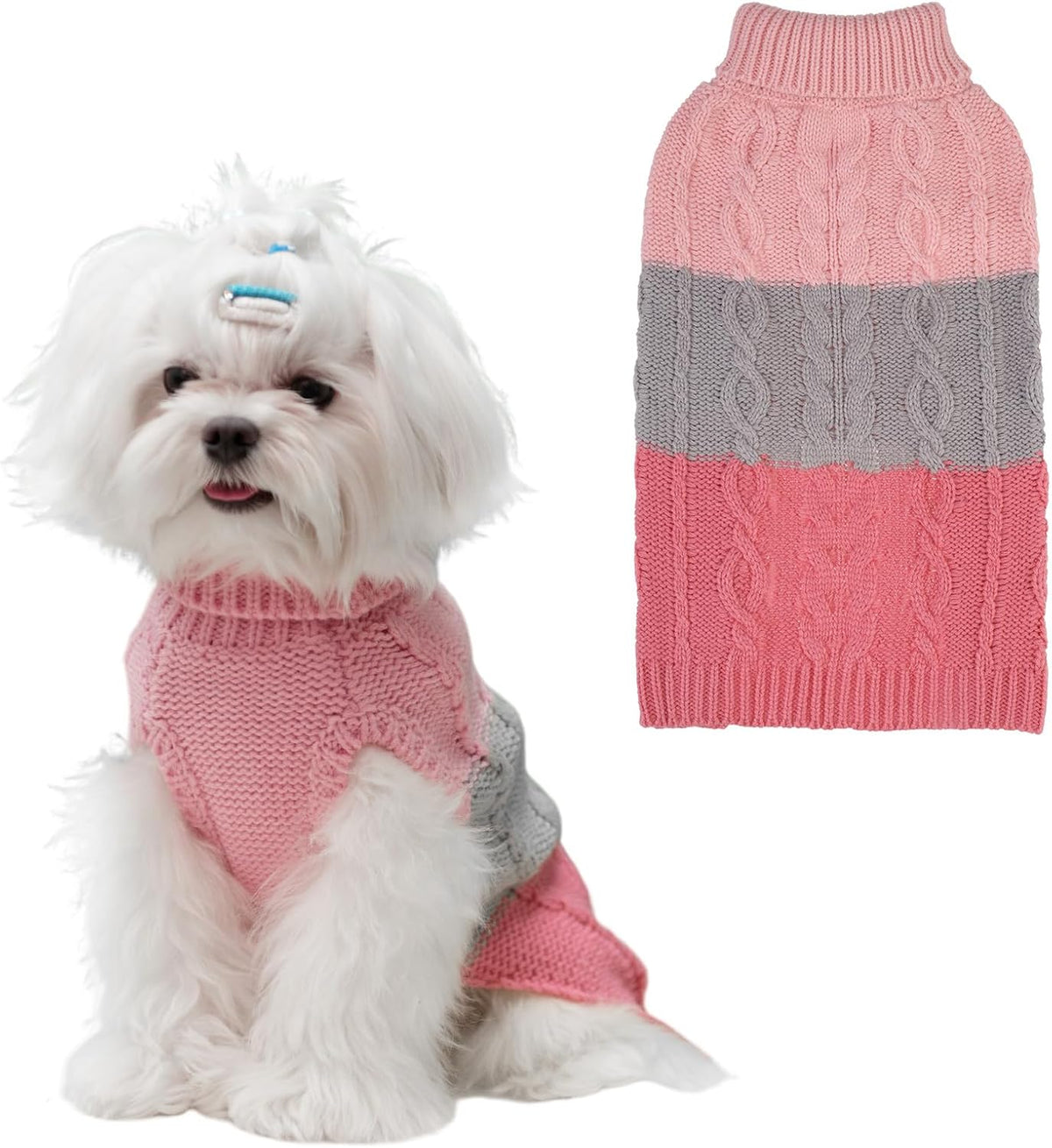 Color Block Cable Knit Dog Sweater – Turtleneck Pullover XS–XL