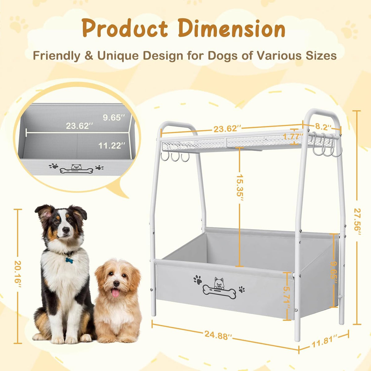 Large Dog Toy Storage Organizer with Shelf & 6 Hooks – Black, White or Brown
