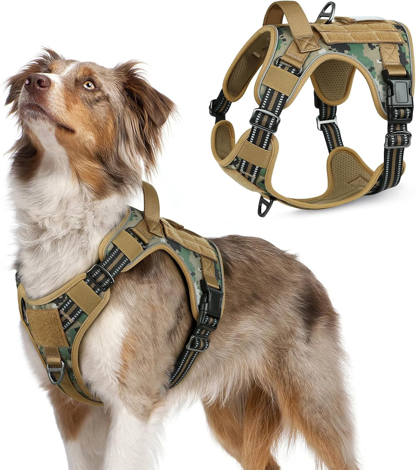 No Pull Tactical Dog Harness Molle Vest Adjustable Medium Large Dogs Brown Camo Medium