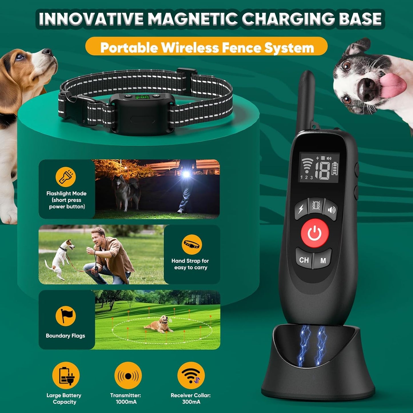 Wireless Dog Fence Collar Electric Training Remote Waterproof 1640ft Range