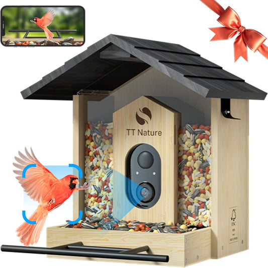 Bird Feeder Camera WiFi Smart AI Motion Detection 1080P 1.5L Wood Roof