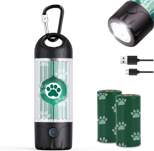 Dog Poop Bag Holder LED Flashlight USB C Waterproof Dispenser 30 Bags 1 Dispenser, 30 Bags