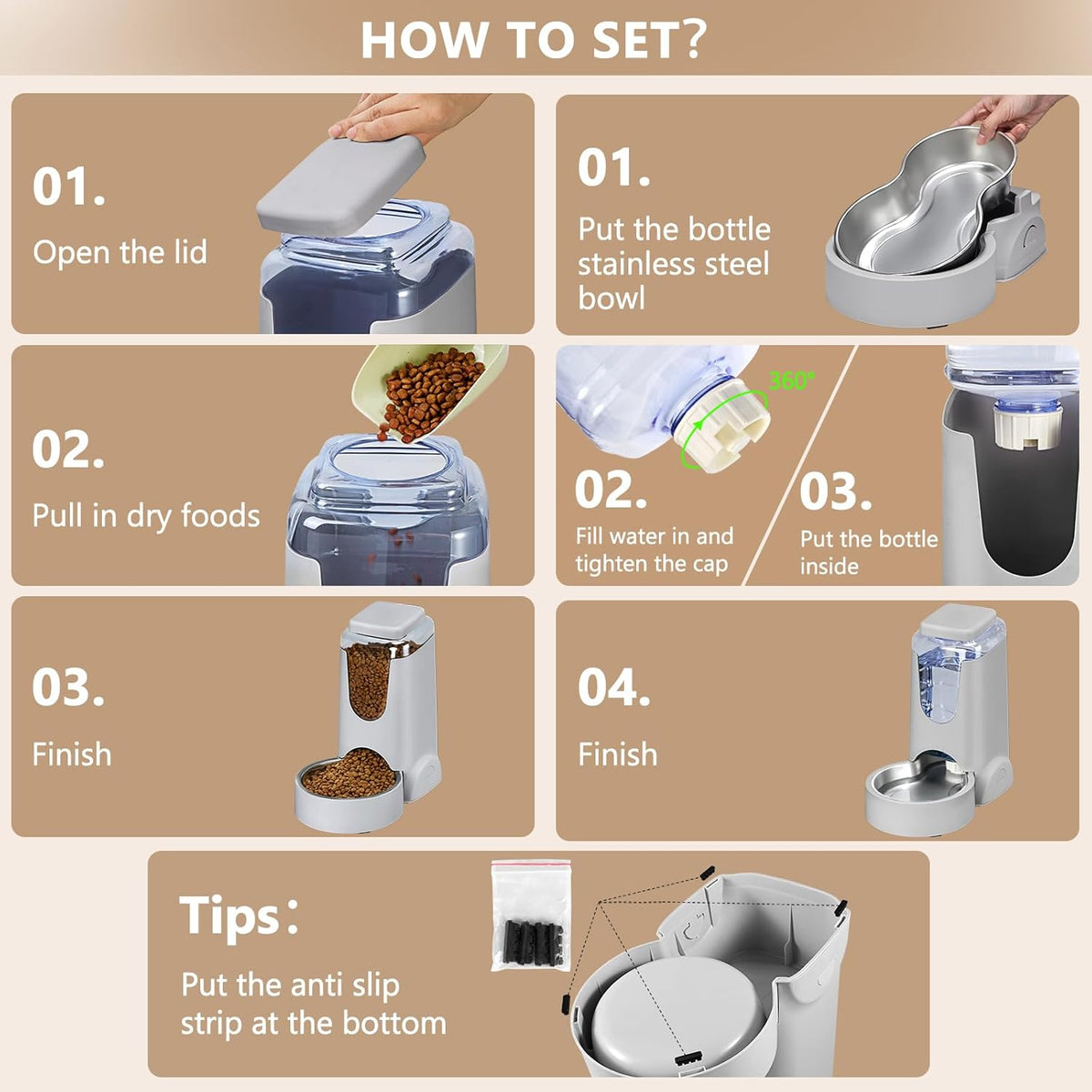Automatic Cat Feeder & Water Dispenser Set, Steel Bowls, 1 Gallon