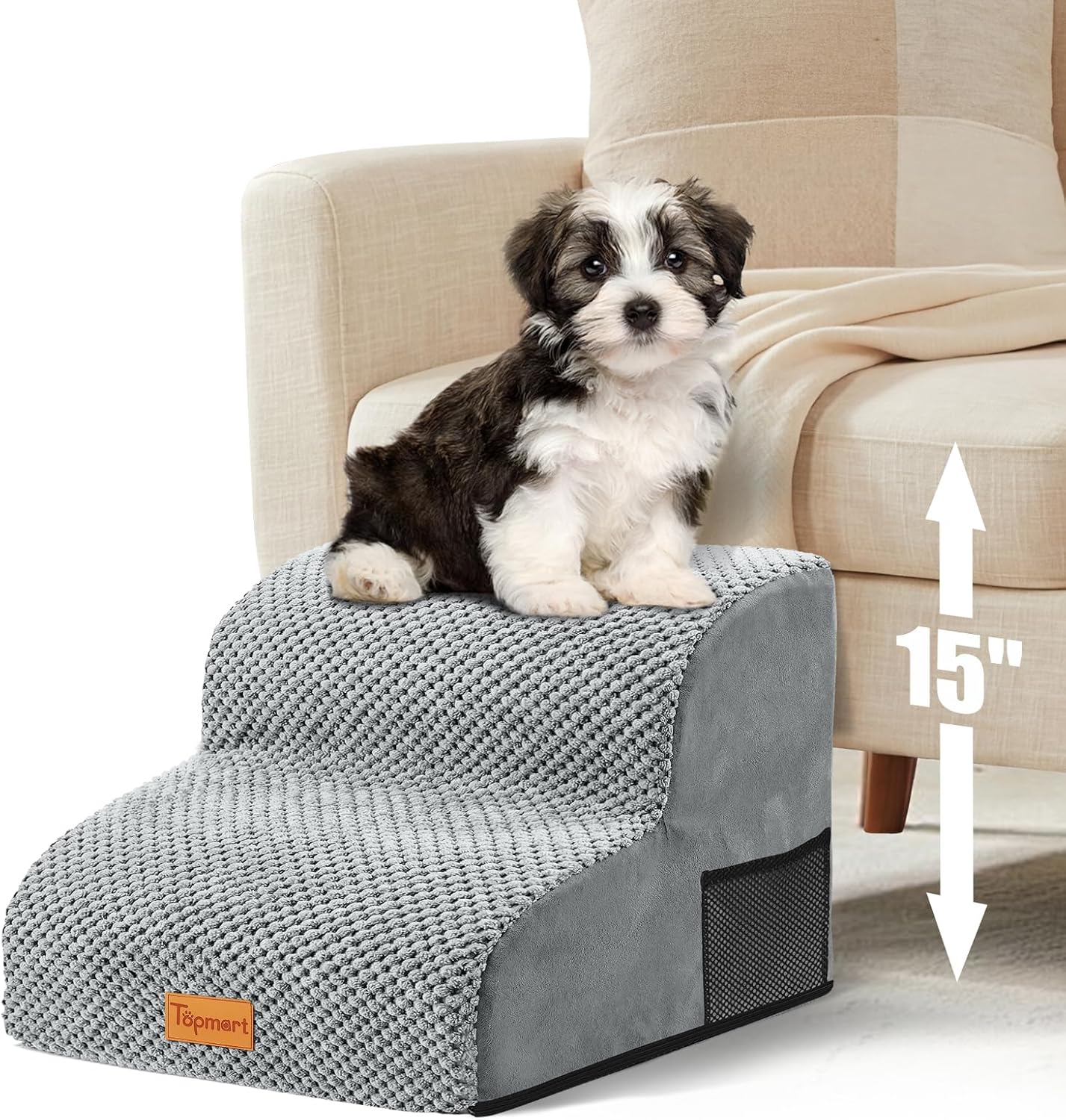 Foam Dog Stairs for Small Dogs & Cats Non Slip Pet Steps 2 Tier Grey 2-Step,11.8"H