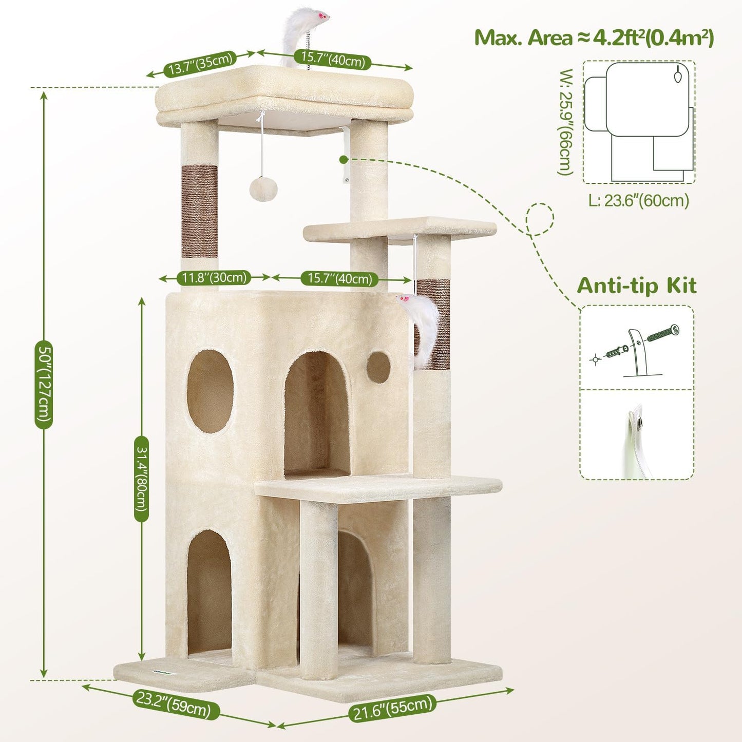 50-Inch Cat Tree Tower for Large Indoor Cats with Scratching Post & Caves