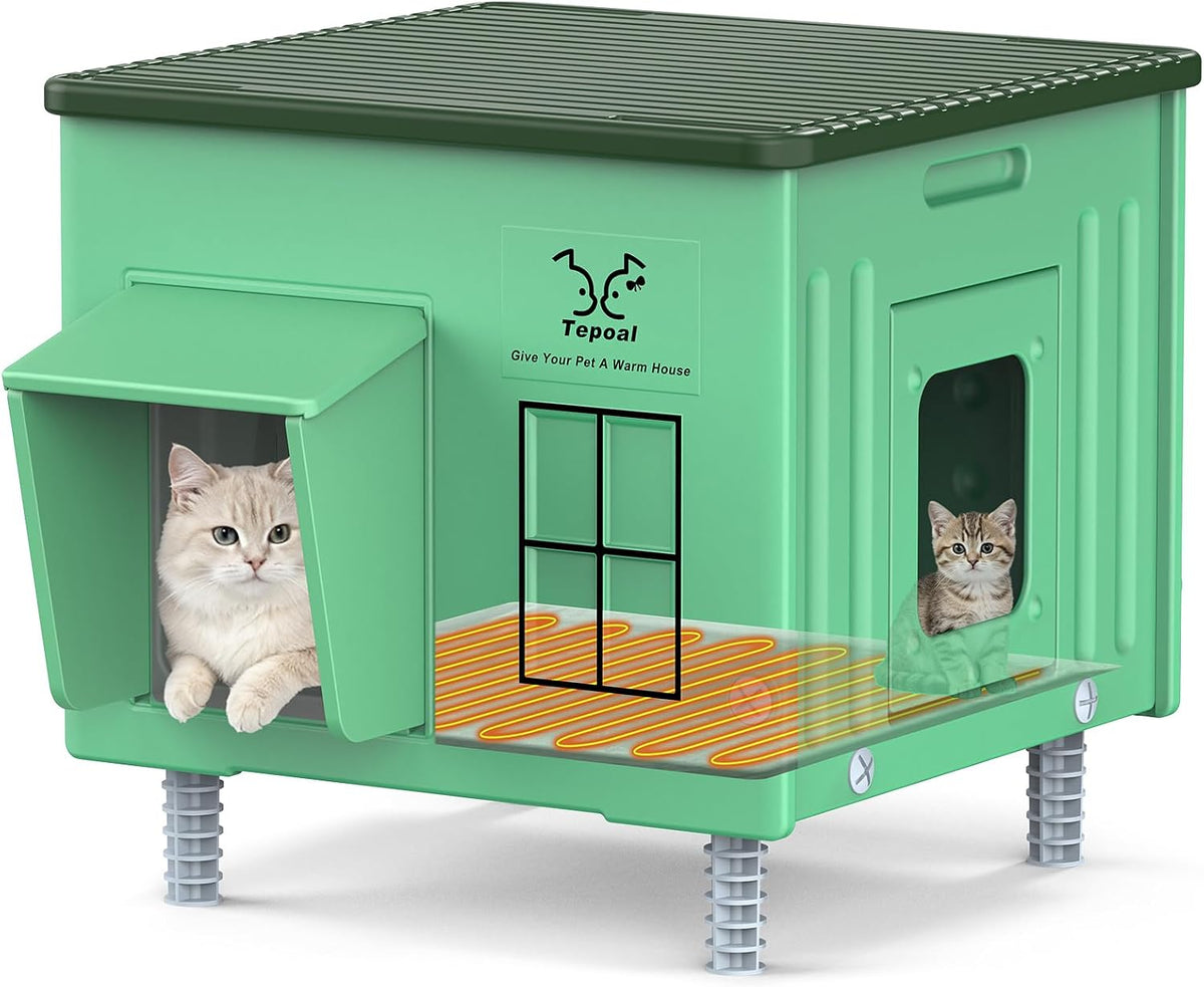 Heavy-Duty Heated Outdoor Cat House with Escape Door – Green or Grey, 2 Sizes