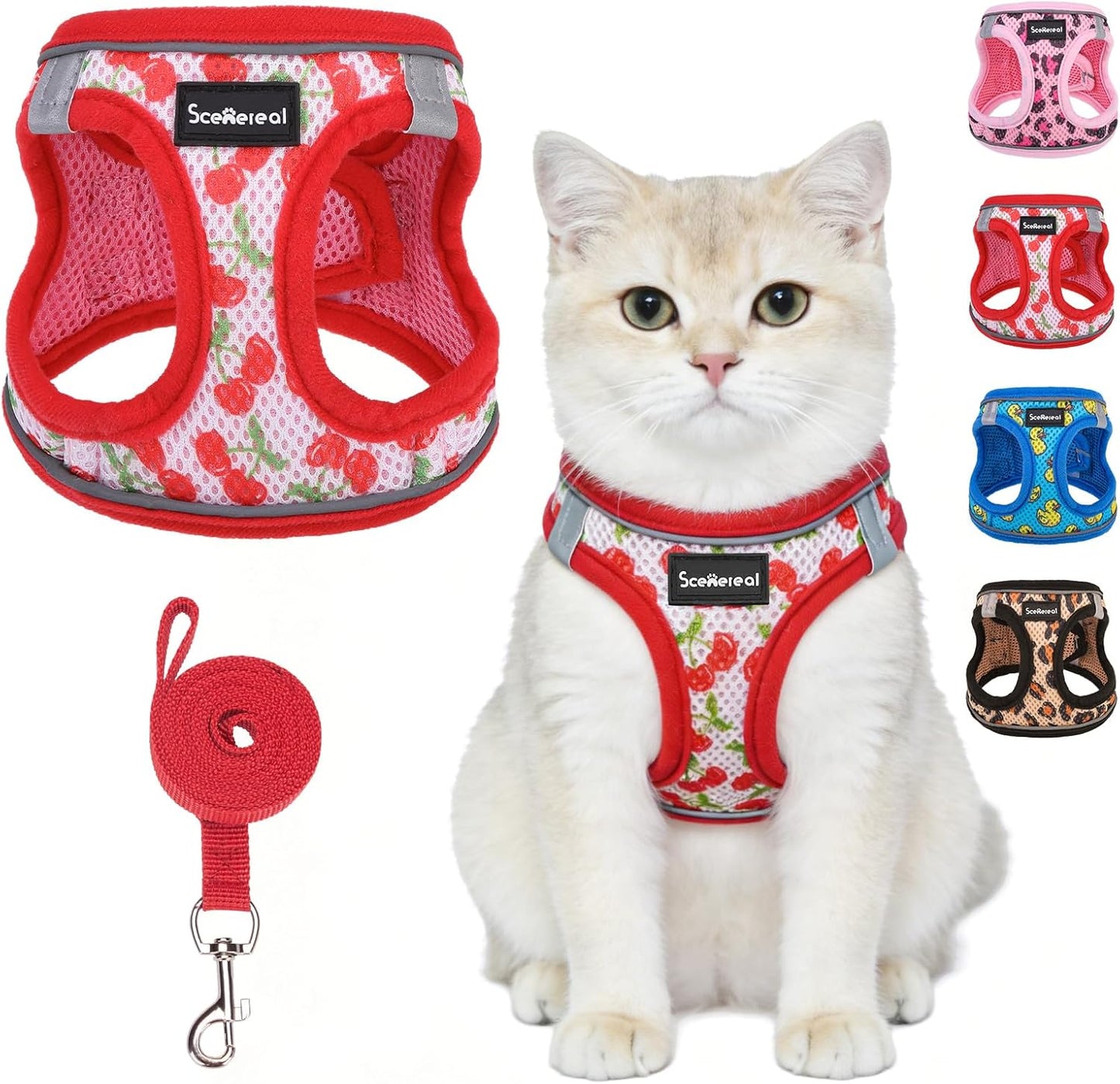 Cat Harness and Leash Set Escape Proof Reflective Mesh Vest Cherry