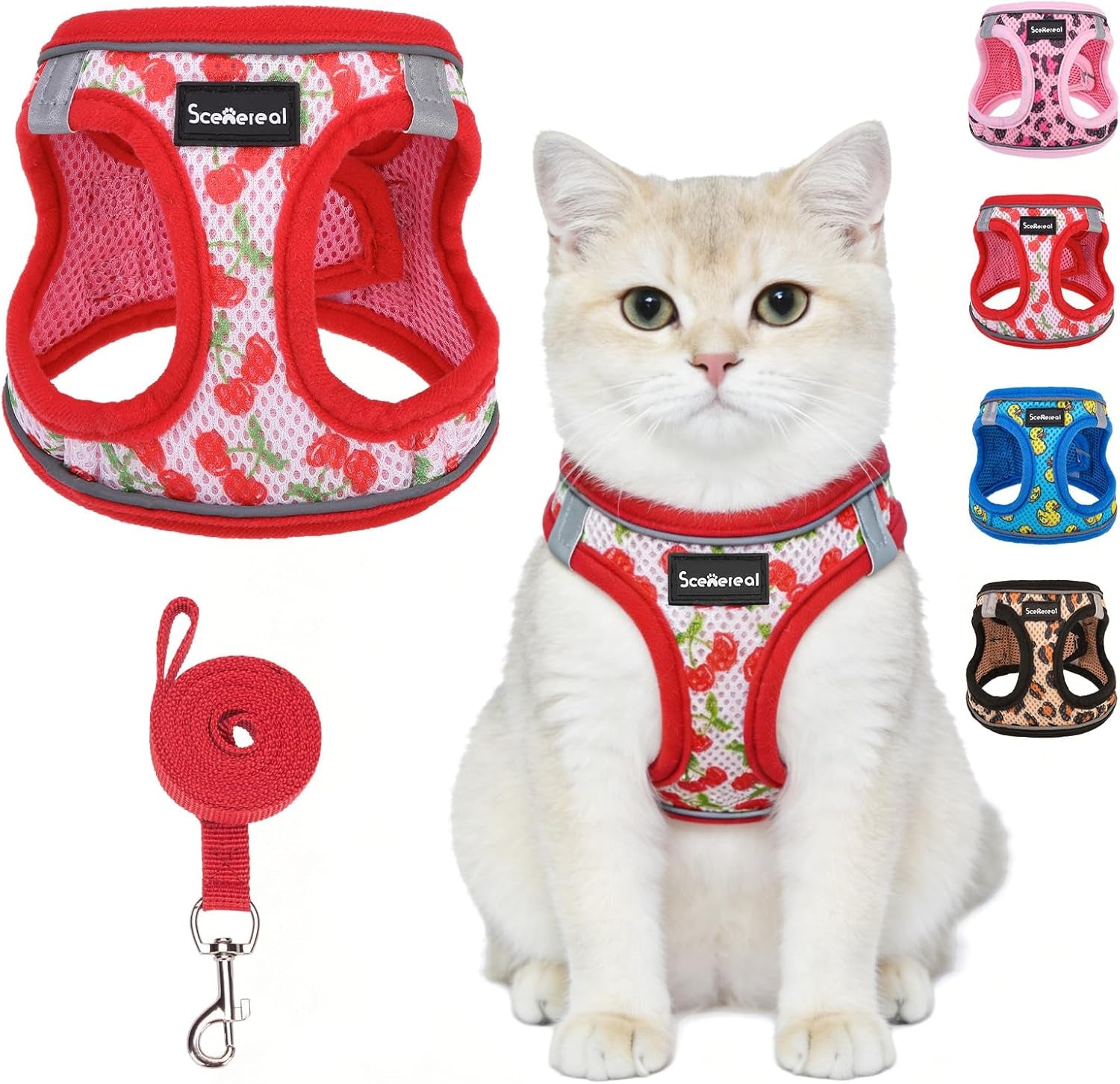 Cat Harness and Leash Set Escape Proof Reflective Mesh Vest Cherry