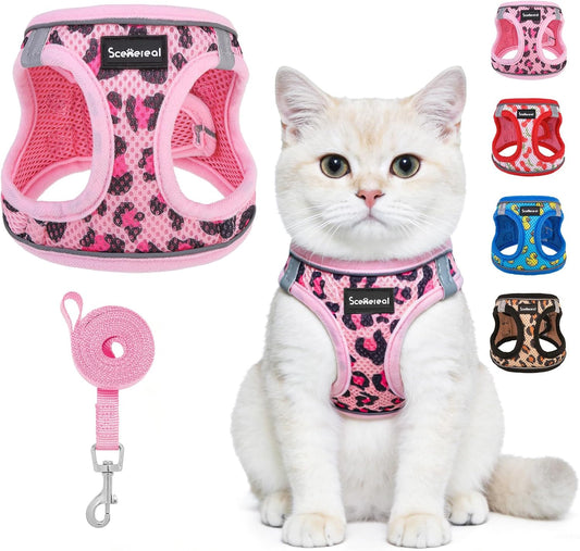 Cat Harness and Leash Set Escape Proof Reflective Mesh Vest Pink Leopard