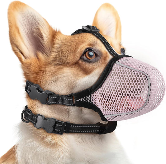 Soft Mesh Dog Muzzle — Adjustable, Breathable & Reflective | Small to Large Dogs Pink Mesh