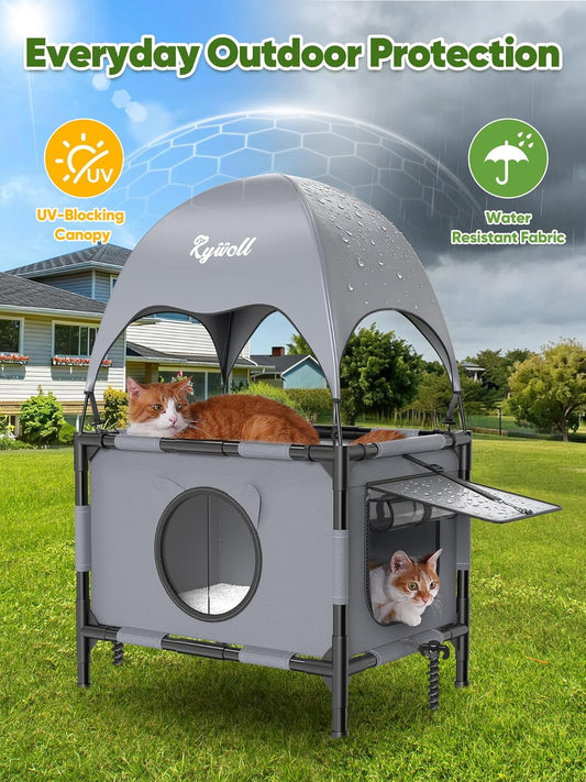 Outdoor Cat House Elevated 2 Tier Shelter with Canopy & Mesh