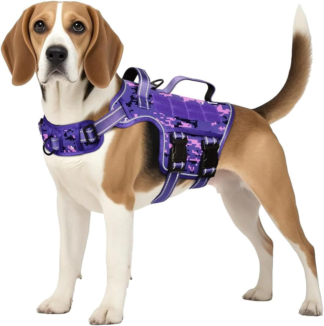 No Pull Tactical Dog Harness Heavy Duty Molle Vest for Medium to XLarge Dogs Purple Camo M(Neck:17-23",Chest:22-32"),35-50 Lbs