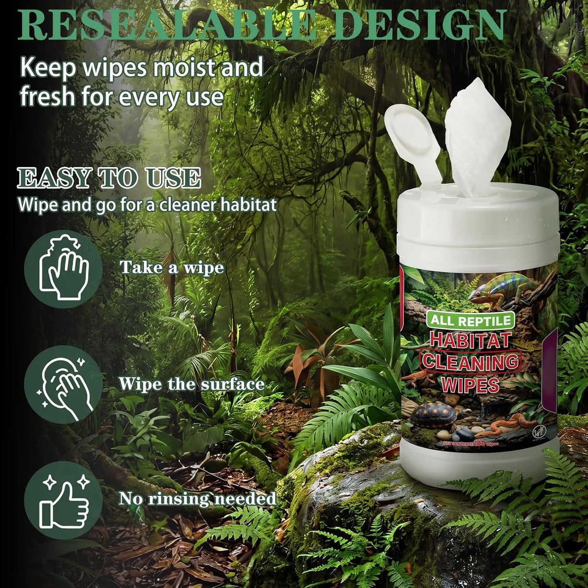 Reptile Habitat Cleaning Wipes – 2 Pack, 200 Count