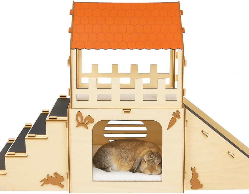 Rabbit Hideout House Wooden Bunny Castle for Small Pets Indoor Cage Pet Safe Wood Joints