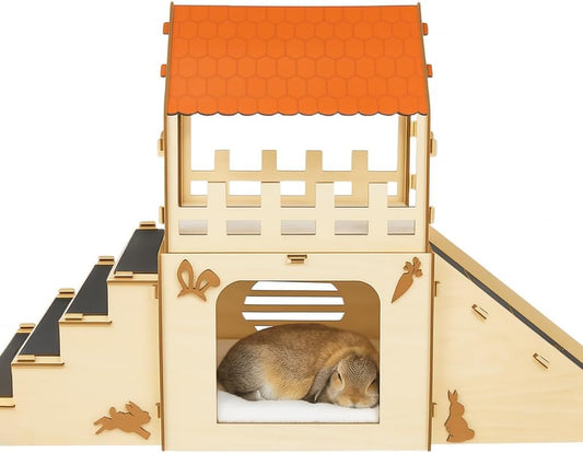 Rabbit Hideout House Wooden Bunny Castle for Small Pets Indoor Cage Pet Safe Wood Joints