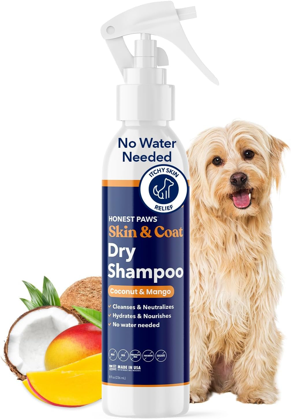 Dog Dry Shampoo Waterless No Rinse Oatmeal Lavender Itch Odor Relief 8oz Coconut Mango - 8Oz