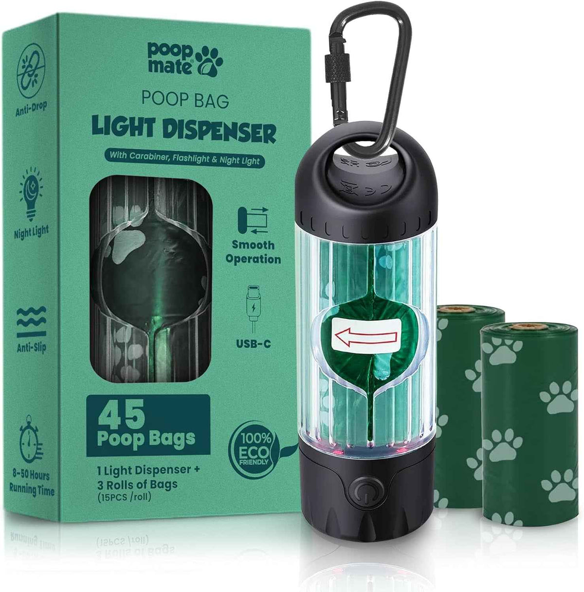 Dog Poop Bag Dispenser LED Flashlight USB C Rechargeable 45 Bags