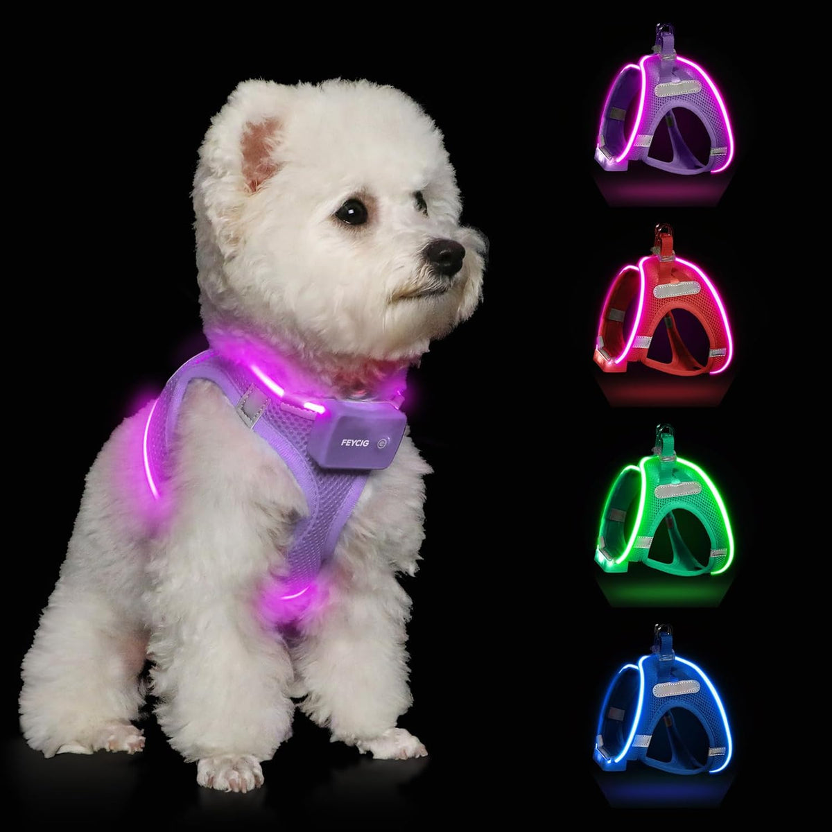 LED Light-Up Dog Harness – Rechargeable, XS–L, 6 Colors