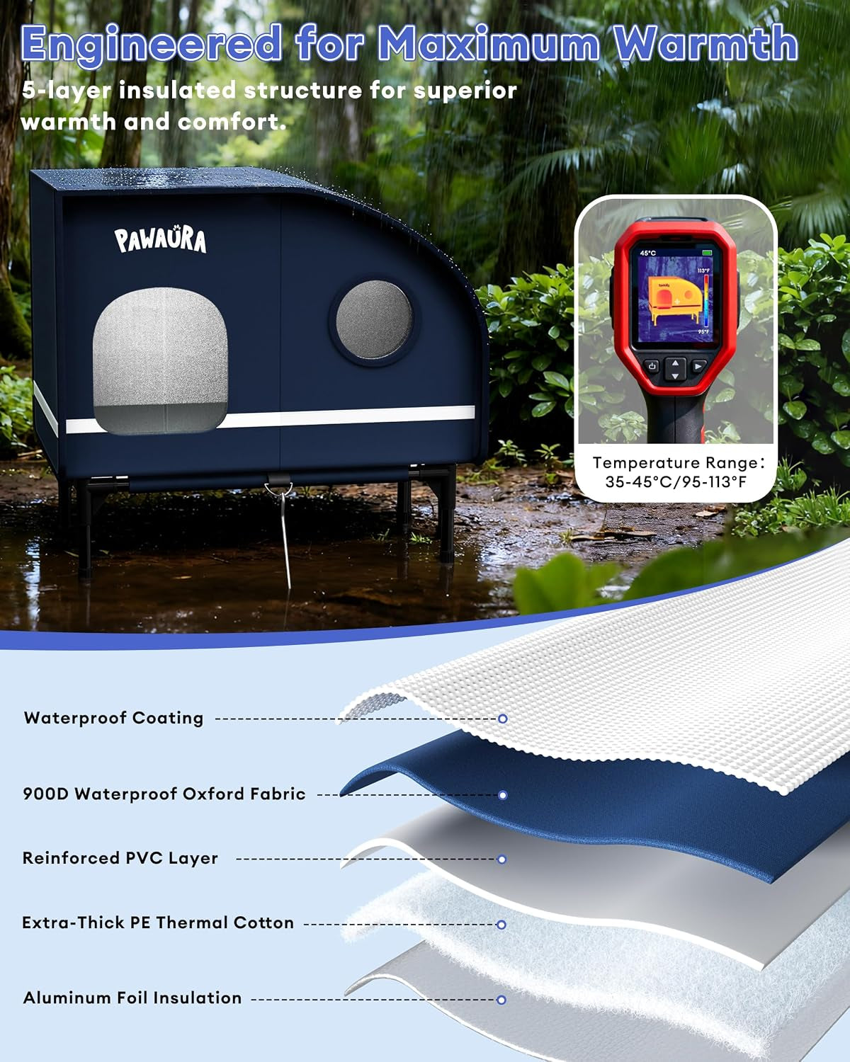 Weatherproof Heated Cat House for Outdoor Cats, Thickly Insulated Camper-Style Shelter with Thermostatic Heating Pad, Elevated Base & Skylight (Dark Blue, Large)