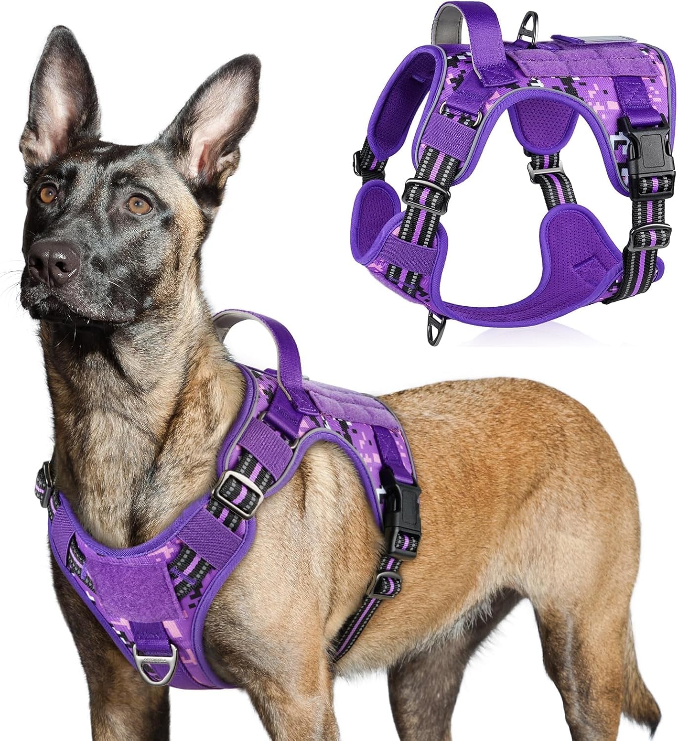 No Pull Tactical Dog Harness Molle Vest Adjustable Medium Large Dogs Purple Camo Large