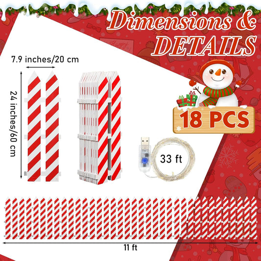 Lighted Wooden Christmas Tree Fence – 24 x 142 Inch, Candy Cane