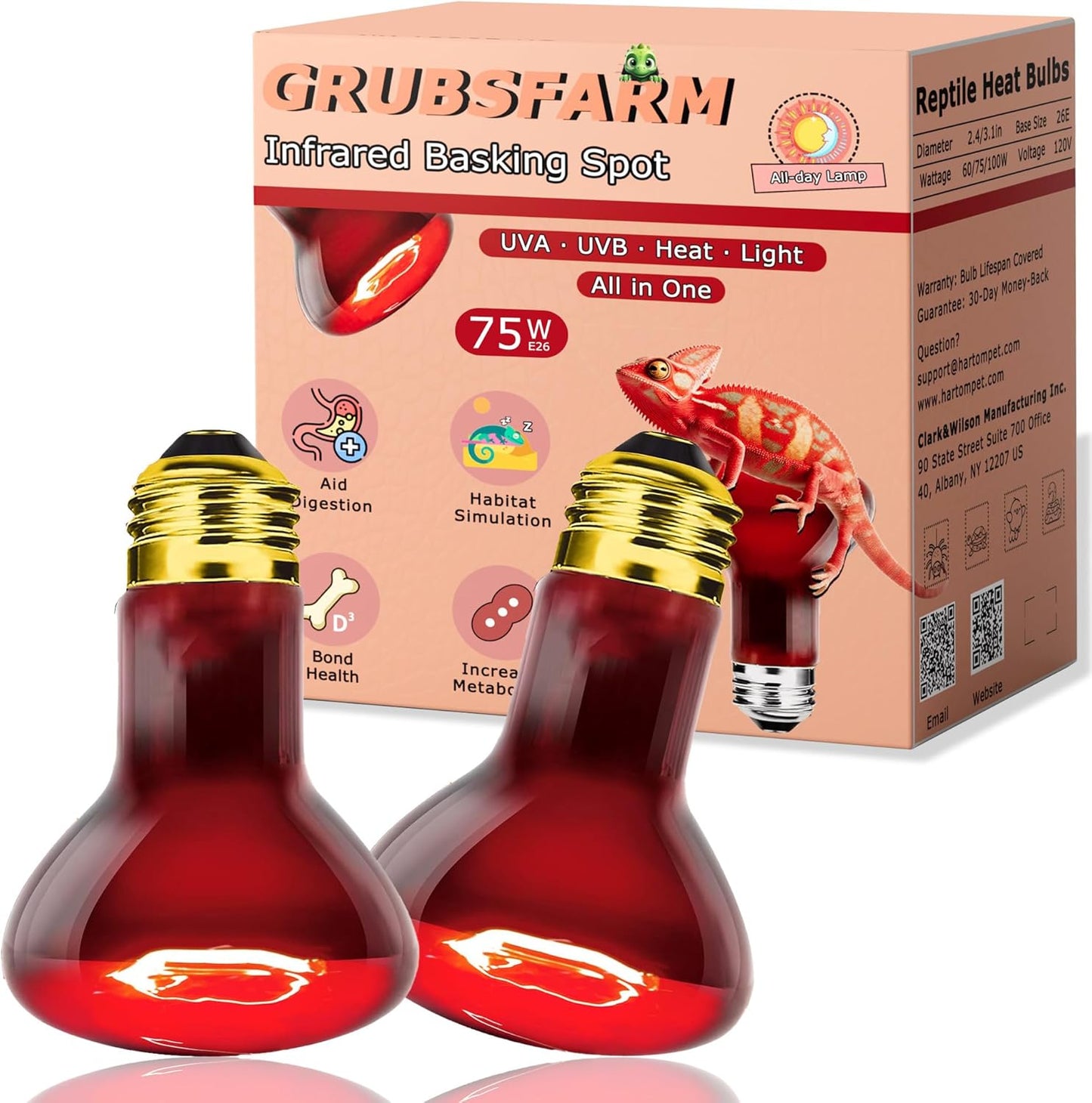 Reptile Night Heat Bulb 75W Purple UVA Basking Lamp E26 2 Pack Red Infrared 75W-2.48In