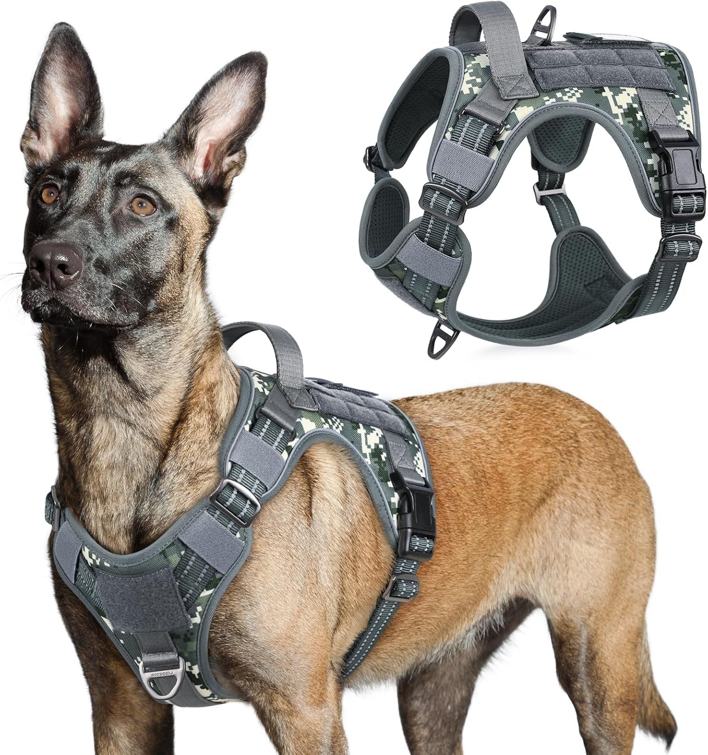 No Pull Tactical Dog Harness Molle Vest Adjustable Medium Large Dogs Grey Camo Large