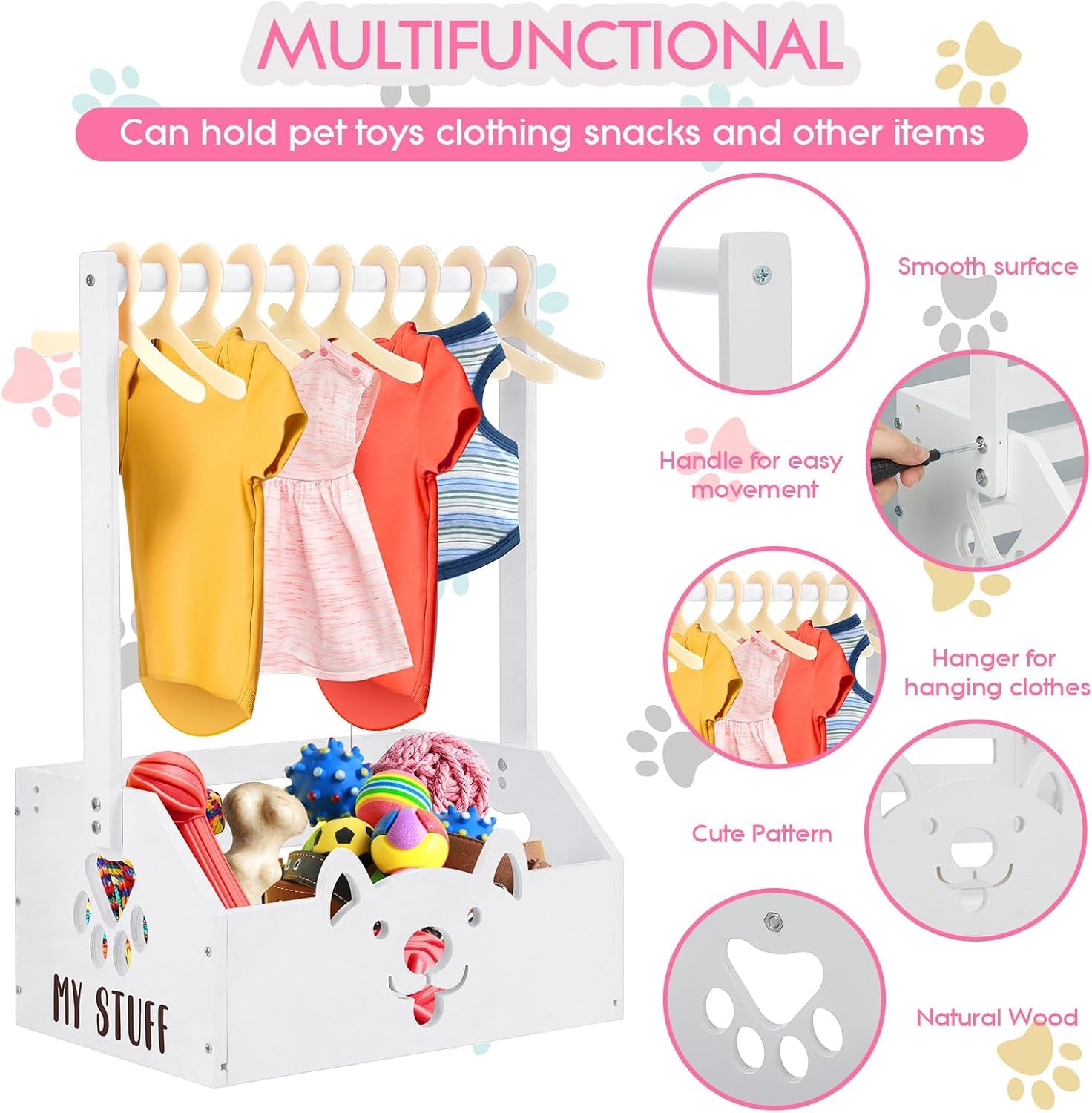 Dog Storage Organizer Wooden Closet Toy Bin Clothes Rack Hangers Pink/White