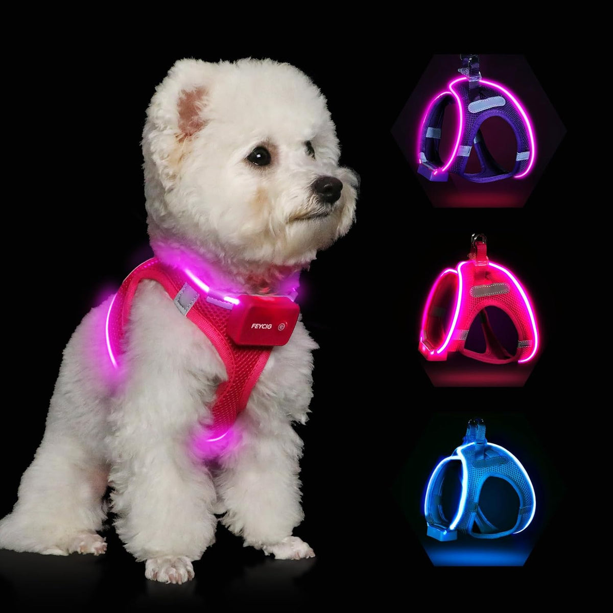 LED Light-Up Dog Harness – Rechargeable, XS–L, 6 Colors