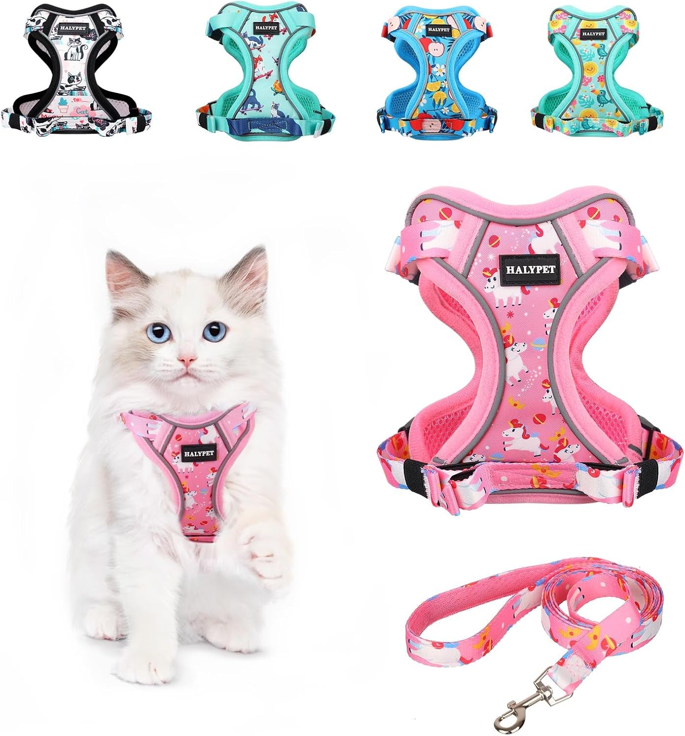 Cat Harness and Leash Set Escape Proof Reflective Adjustable Vest H603 Pro Pink Unicorn X-Small (4-6Lb)
