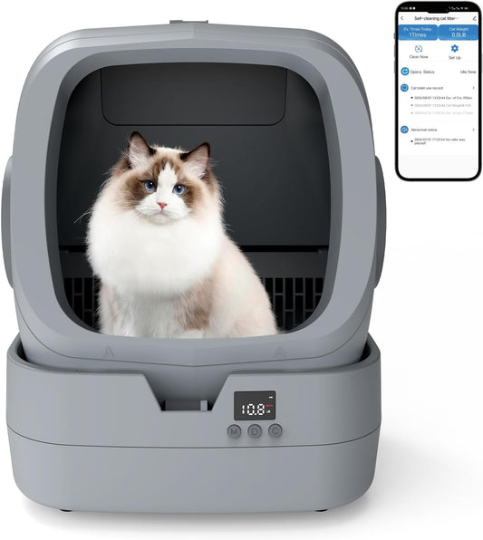 Automatic Self Cleaning Cat Litter Box App Control Weight Monitor Grey