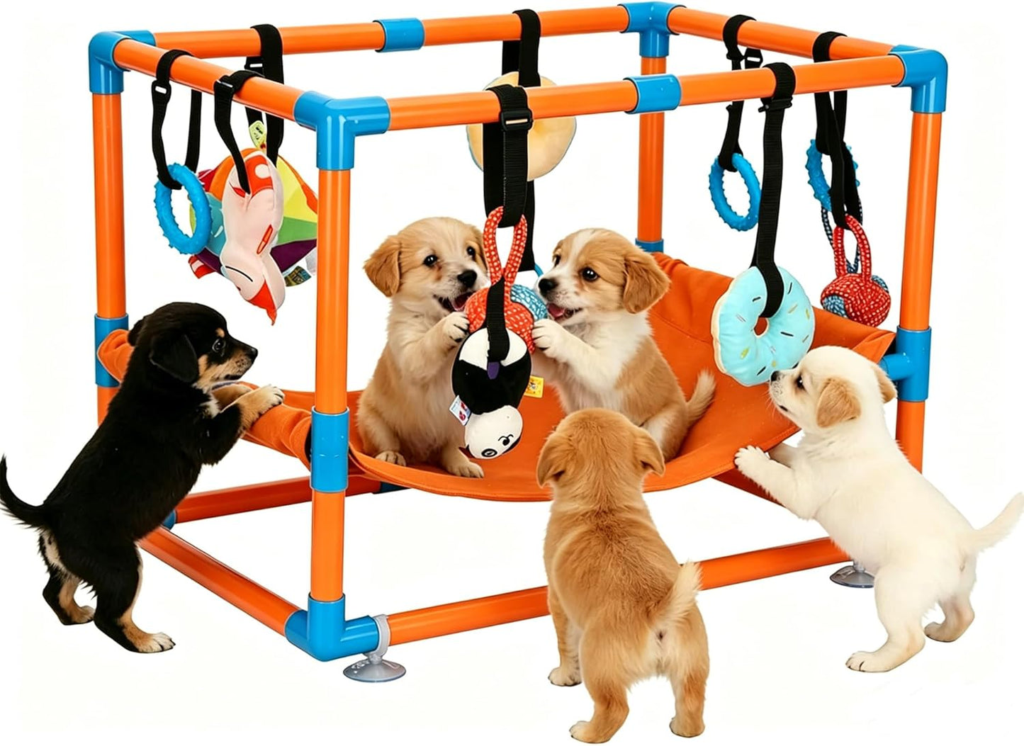Indoor Puppy Play Gym with Hammock 8 Toys Dog Enrichment Activity Center Orange