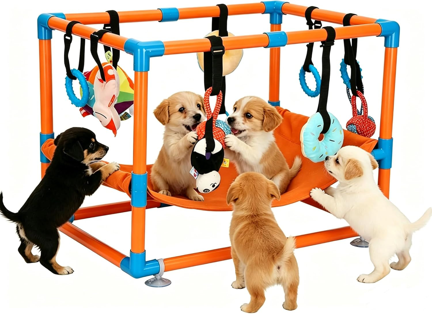 Indoor Puppy Play Gym with Hammock 8 Toys Dog Enrichment Activity Center Orange