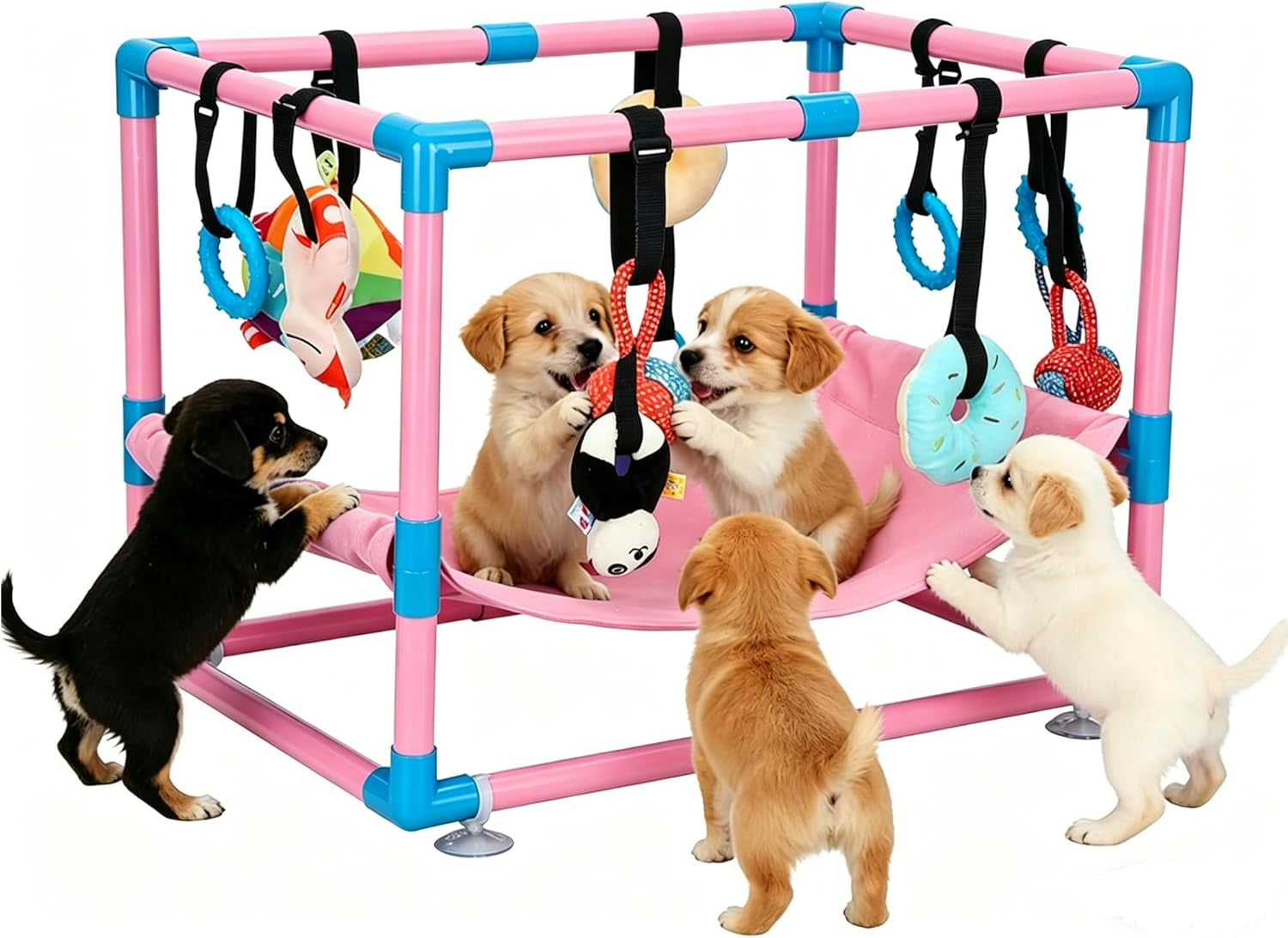 Indoor Puppy Play Gym with Hammock 8 Toys Dog Enrichment Activity Center Pink