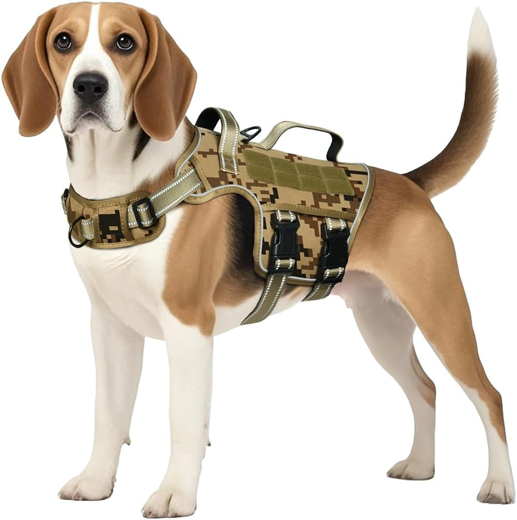 No Pull Tactical Dog Harness Heavy Duty Molle Vest for Medium to XLarge Dogs Desert Camo M(Neck:17-23",Chest:22-32"),35-50 Lbs
