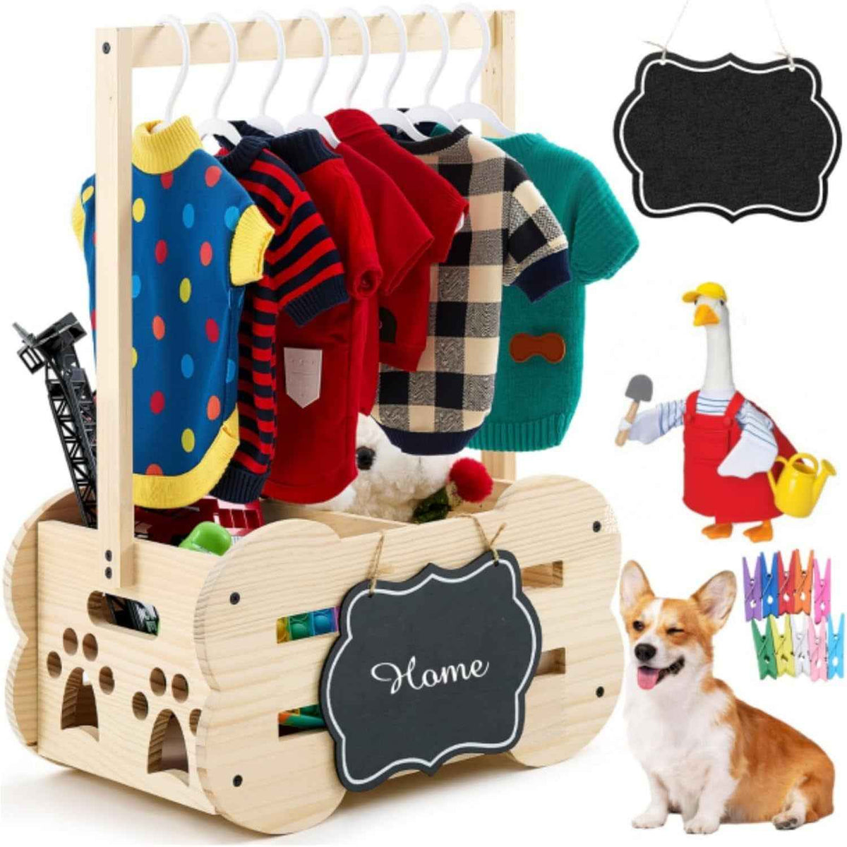 Dog Storage Organizer Wooden Closet Toy Clothes Rack Hangers 20in