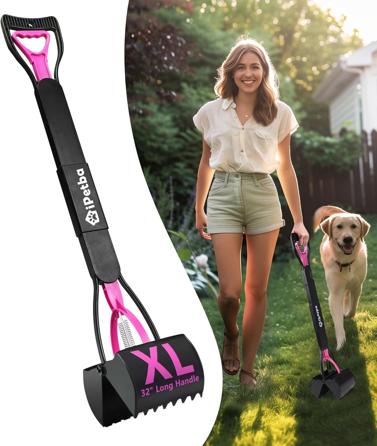 32 Inch Long Handle Pooper Scooper for Large Dogs Heavy Duty Foldable Rose Pink